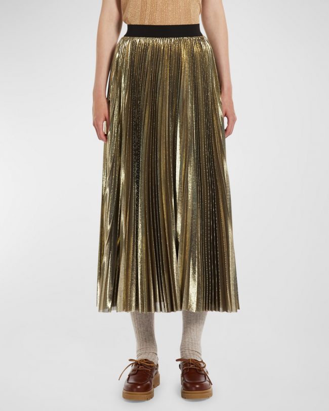 Nurra Pleated Metallic A-Line Midi Skirt