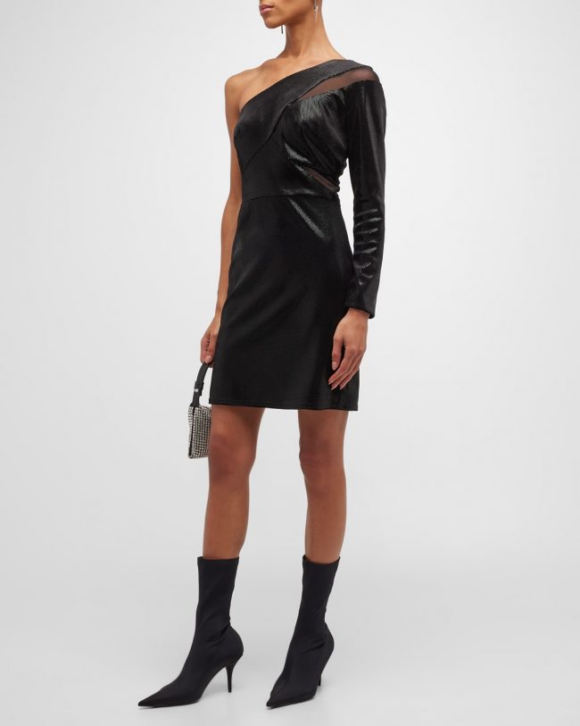 One-Shoulder Mesh-Inset Metallic Mini Dress