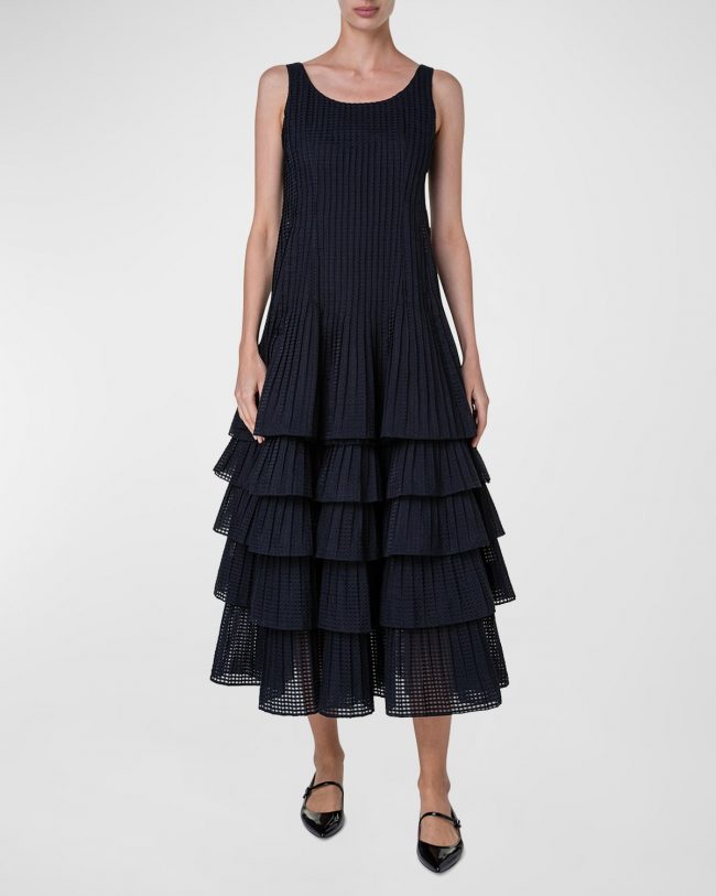 Organza Grid Midi Dress with Plisse Layer Skirt