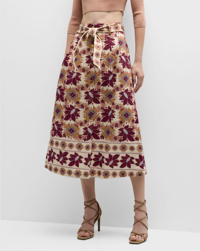 Oslo Floral Tie-Belt Midi Skirt with Pockets