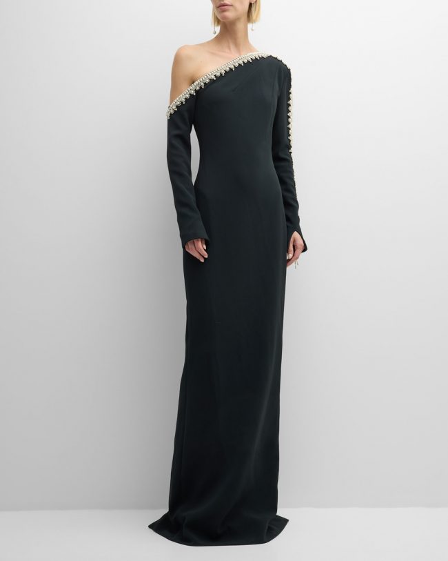 Pearlescent Beaded Fringe One-Shoulder Long-Sleeve Crepe Gown