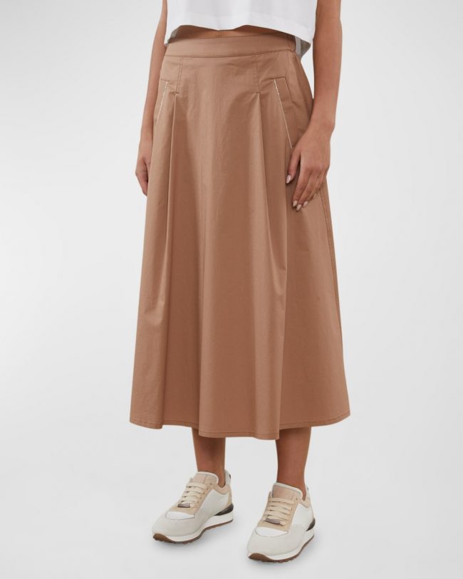 Pleated Bead-Trim A-Line Midi Skirt