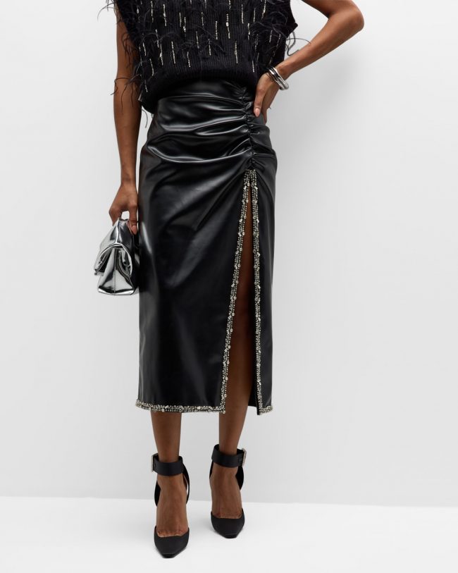 Ruched Faux-Leather Crystal Midi Skirt