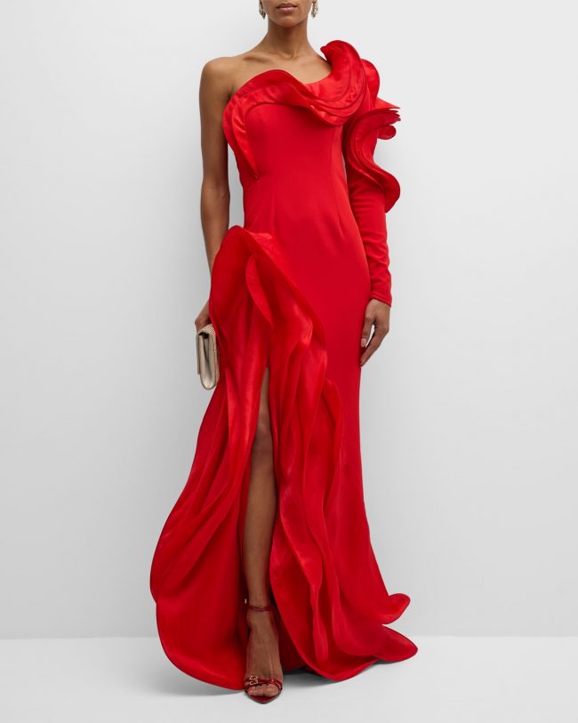 Ruffle One-Shoulder Side-Slit Evening Gown