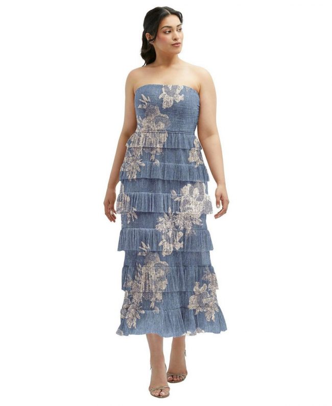 Ruffle Tiered Skirt Metallic Pleated Strapless Midi Dress with Floral Gold Foil Print - French blue gold foil