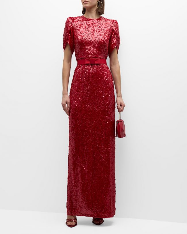 Short-Sleeve Bow-Belted Sequin Column Gown