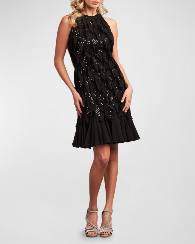 Sleeveless Sequin Ruffle-Trim Mini Dress