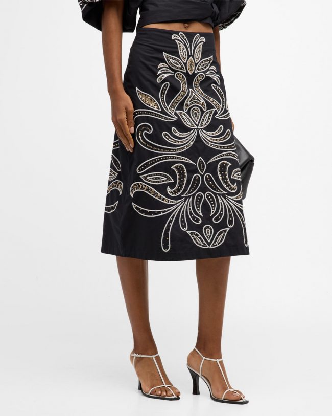Sloane Sequin Embroidered Slit-Hem Midi Skirt