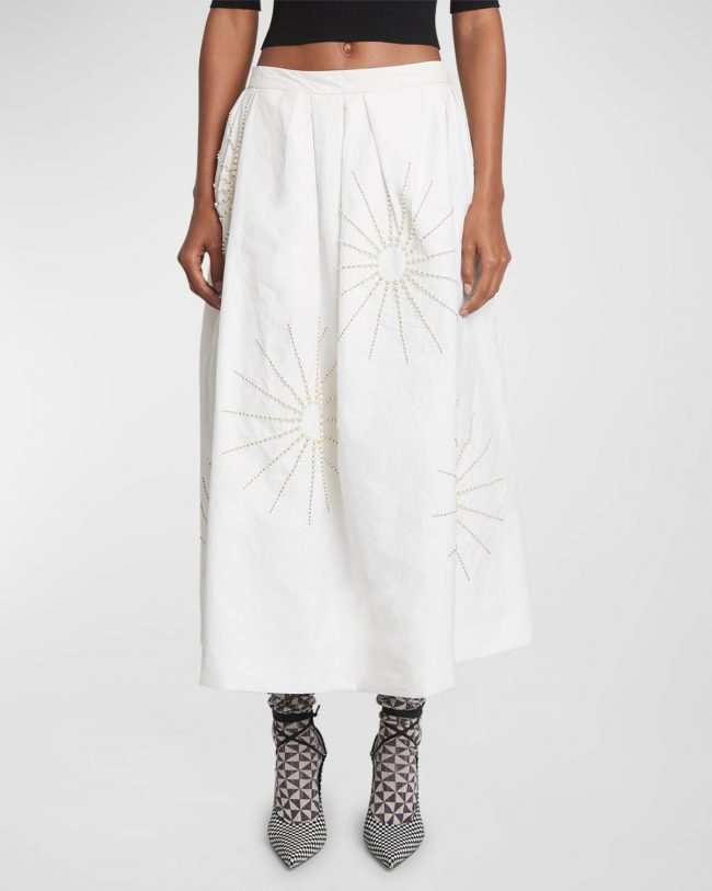 Soni Starburst Embroidered Pleated Midi Skirt