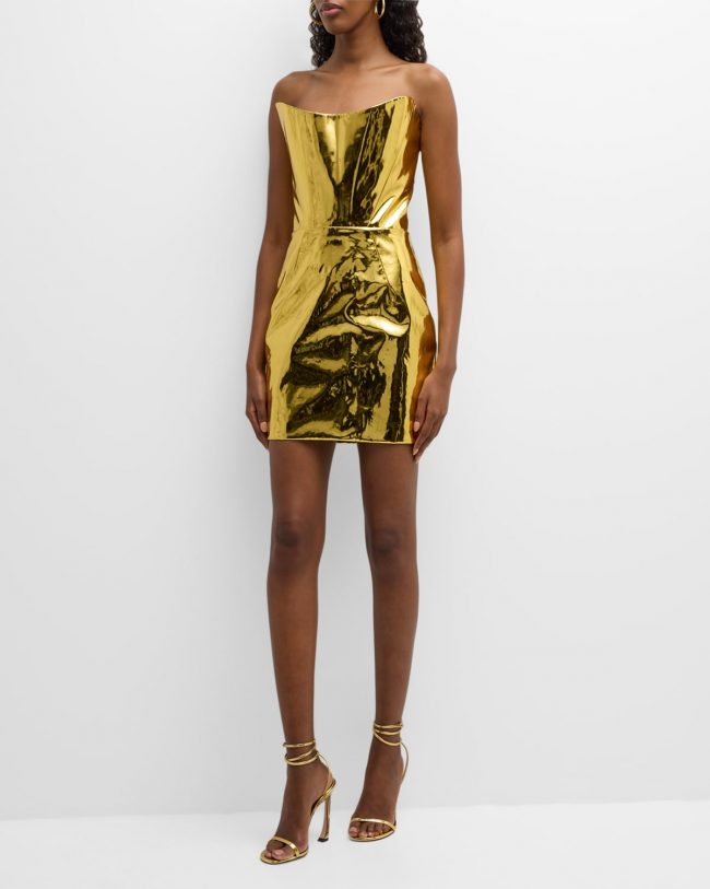 Strapless Lace-Up Metallic Mini Dress