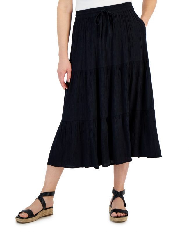 Style & Co Women's Drawstring Tiered Midi Skirt, Created for Macy's - Deep Black