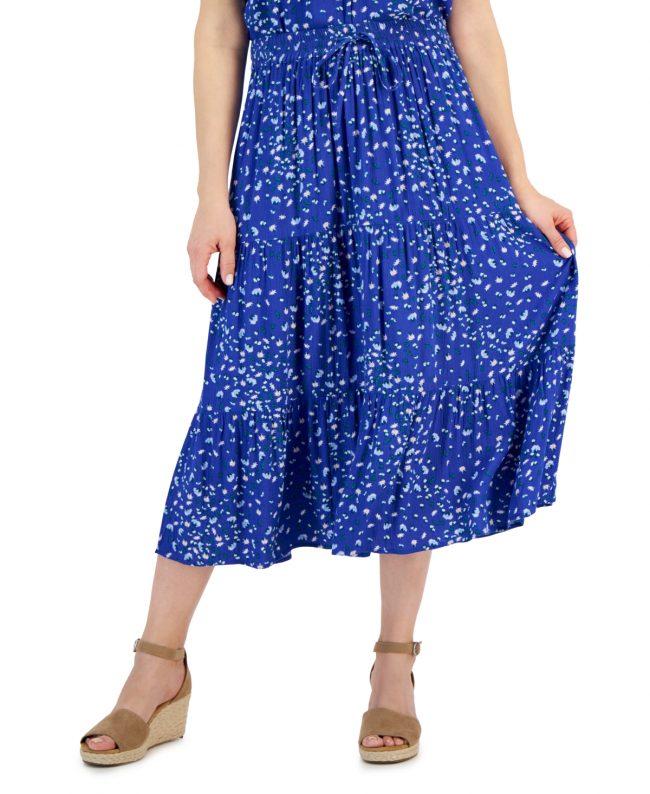 Style & Co Women's Printed Drawstring Tiered Midi Skirt, Created for Macy's - Elegant Sapphire