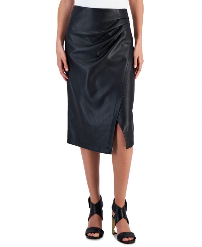 T Tahari Women's Faux Leather Midi Wrap Skirt - Black