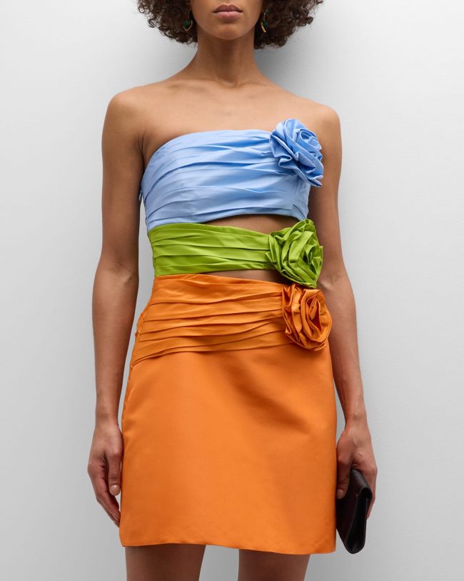 Tricolor Rosette Strapless Cutout Mini Dress