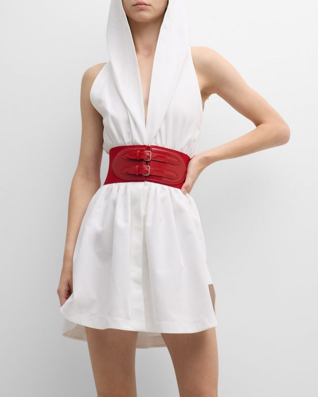 Wide-Belted Hooded Sleeveless Mini Dress