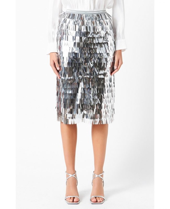 Women's Fringed Metallic Midi Skirt - Silver