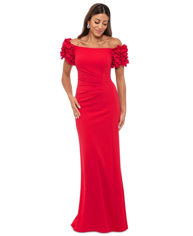 Xscape Petite Off-the-Shoulder Ruffle-Sleeve Gown - Red