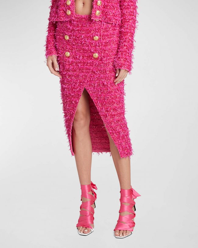 x Barbie Capsule 6-Button Metallic Tweed Midi Skirt