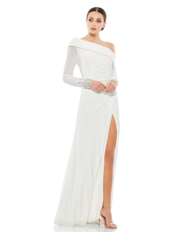 Beaded Cuff Drop Shoulder Faux Wrap Gown - White