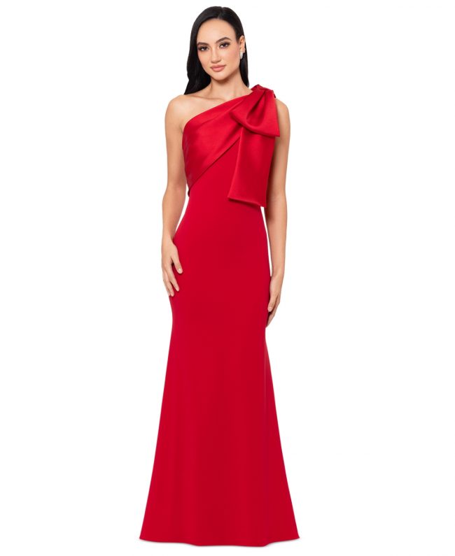 Betsy & Adam Women's Bow-Trimmed One-Shoulder Gown - Red