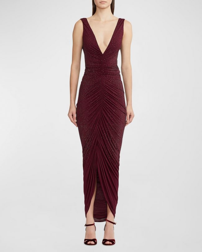 Daemyn Plunging Strass Embellished Ruched Gown