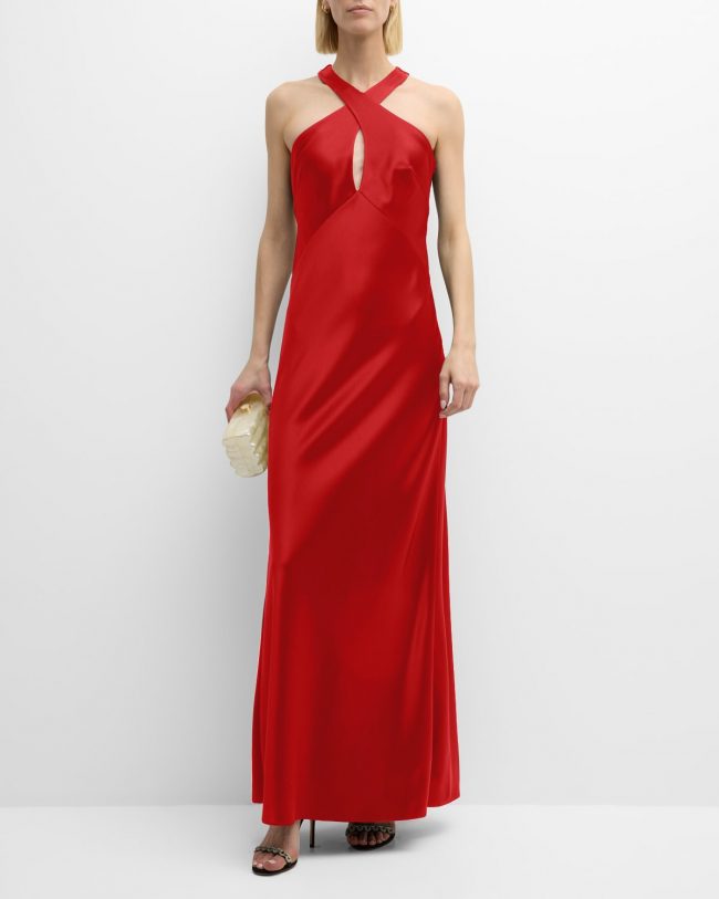 Evelyn Crossover Halter Satin Gown