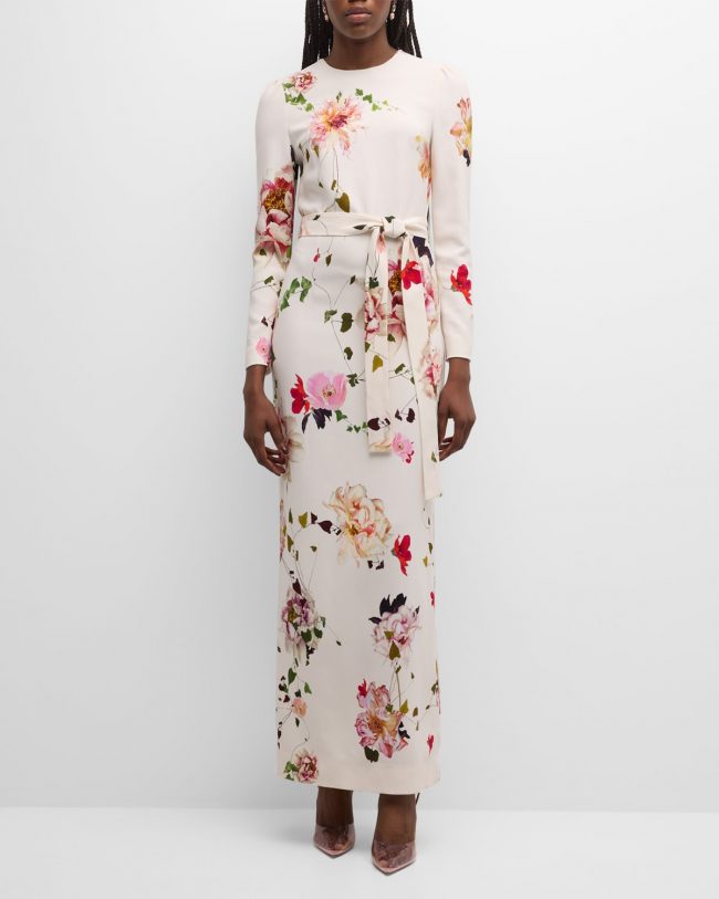 Floral-Print Jewel-Neck Long-Sleeve Belted Gown