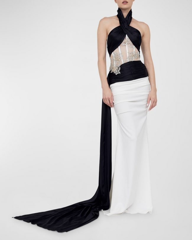 Joan Colorblock Crystal-Embellished Sheer Corset Halter Gown