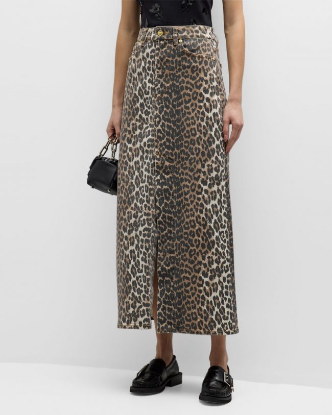 Leopard-Print Denim Maxi Skirt