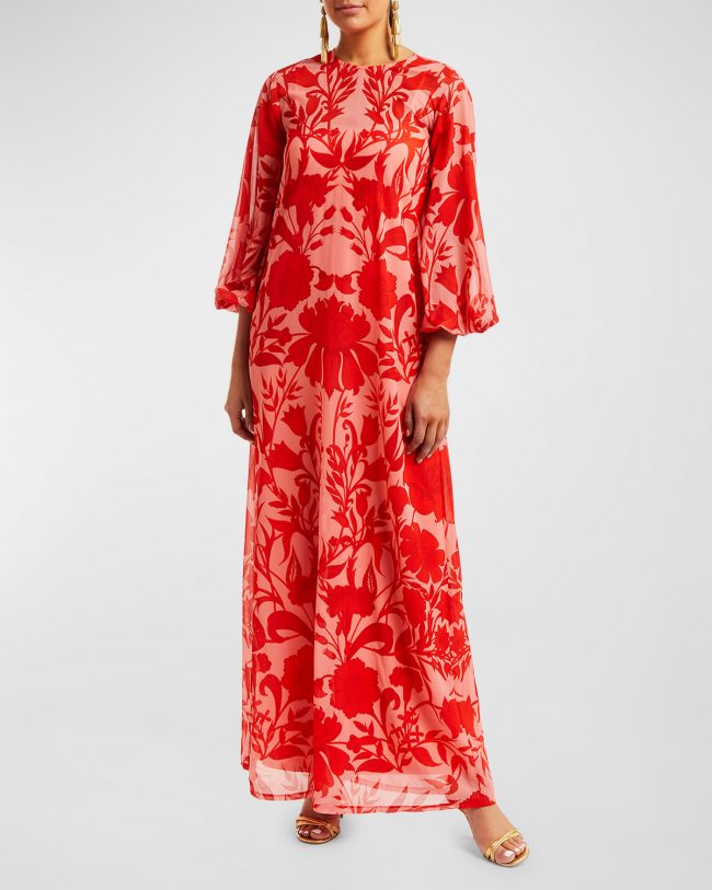 Luzon Blouson-Sleeve Floral-Print Chiffon Gown