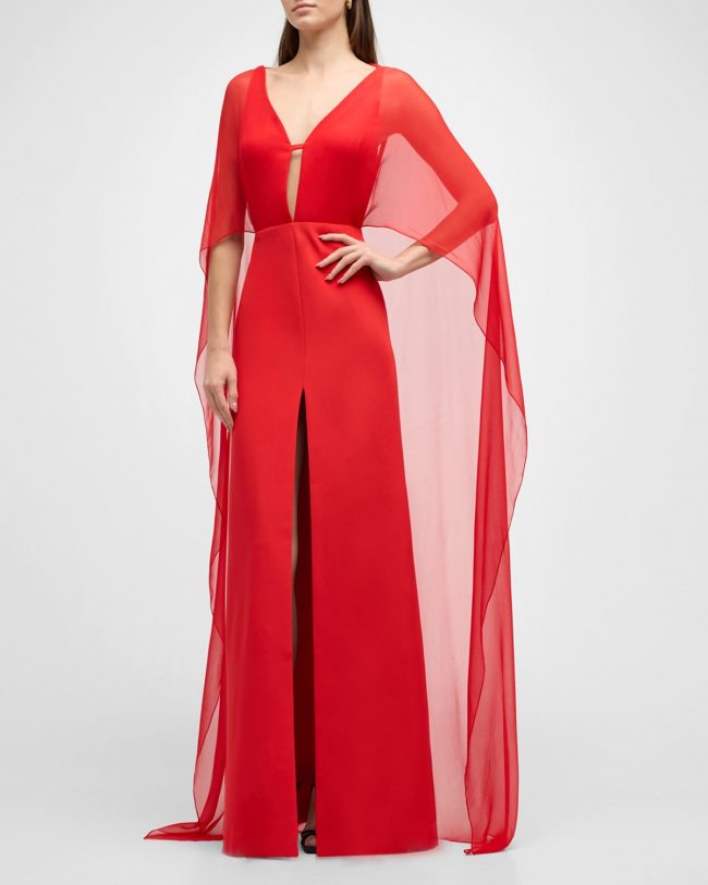Plunging Chiffon-Cape Slit-Front Crepe Evening Gown