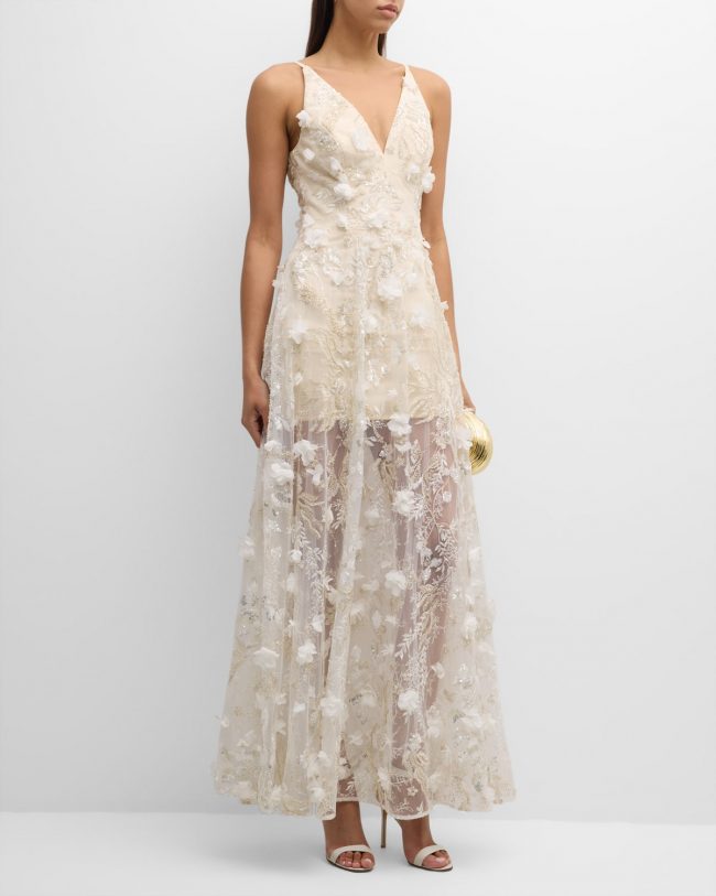 Sidney Bead & Sequin Floral-Embroidered Gown