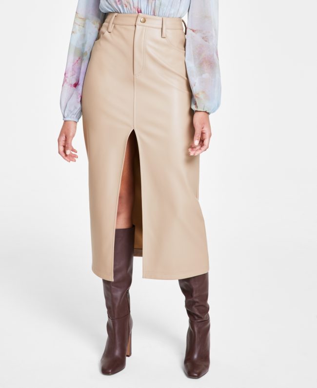 Steve Madden Women's Faux-Leather Front-Slit Maxi Skirt - Camel