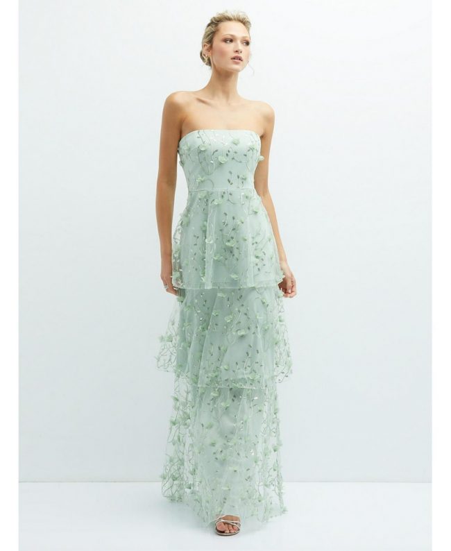 Strapless 3D Floral Embroidered Dress with Tiered Maxi Skirt - Celadon