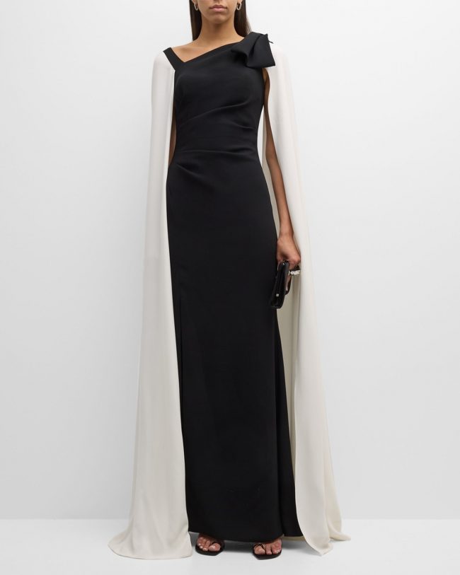 Two-Tone Cape-Sleeve Crepe Column Gown