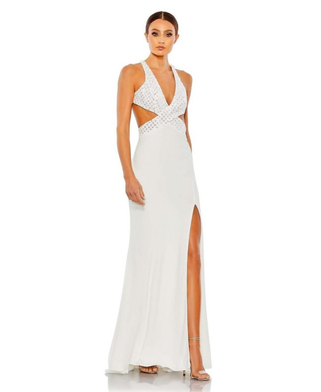 Women's Floral Sequined Criss Cross Bodice Gown - White