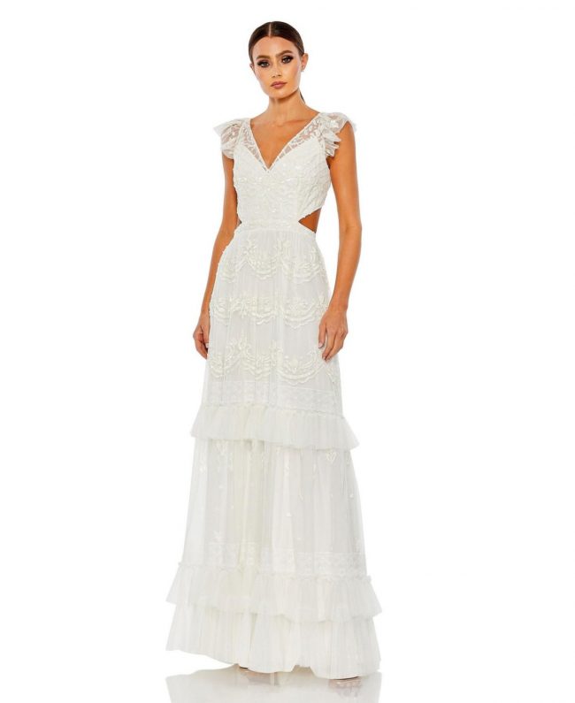 Women's Sequined Ruffled Cap Sleeve Cut Out Tiered Gown - White