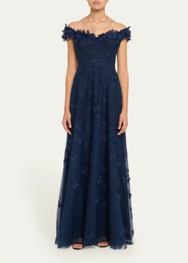 Rickie Freeman for Teri Jon Off-Shoulder Floral-Embroidered Tulle Gown