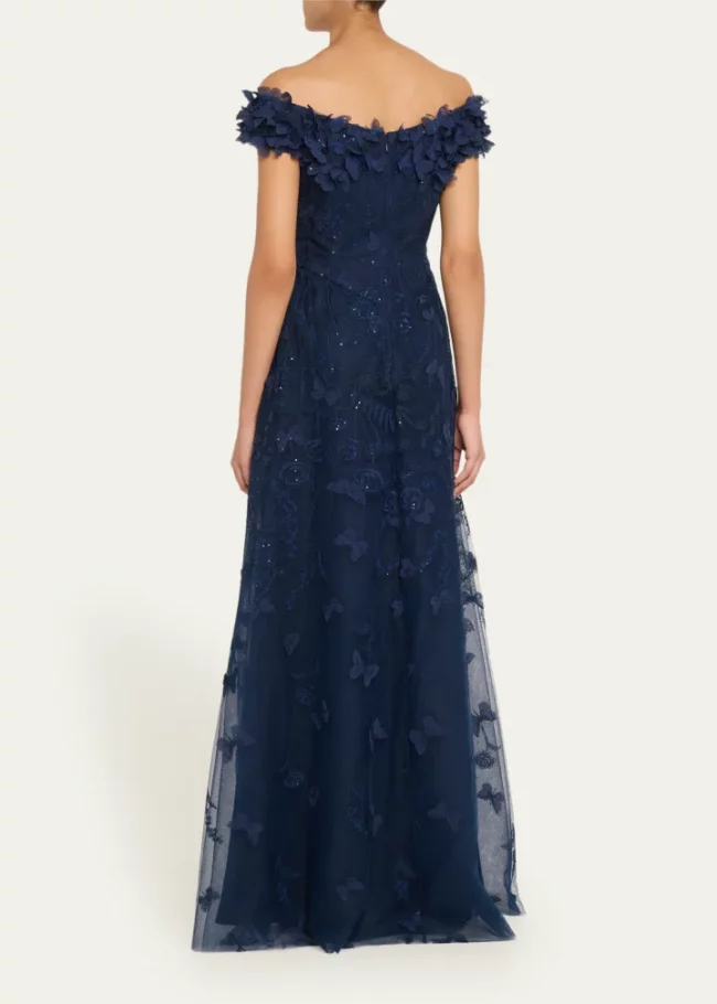 Rickie Freeman for Teri Jon Off-Shoulder Floral-Embroidered Tulle Gown